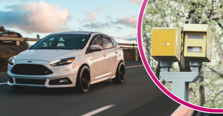 White car on the motorway / speed camera