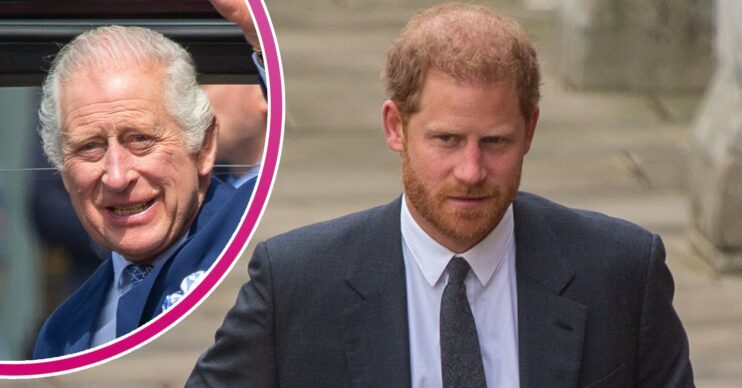 King Charles smiling / Prince Harry smirking