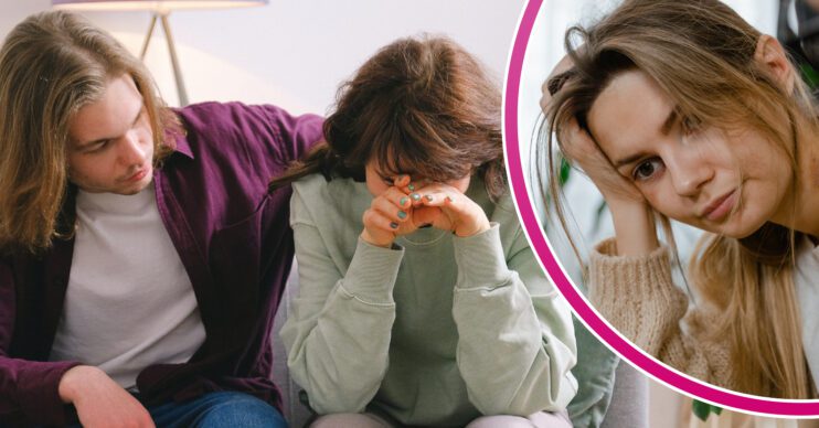 Sad couple, stressed woman frowns