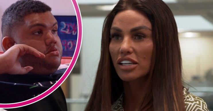Katie Price speaking to camera and son Harvey inset
