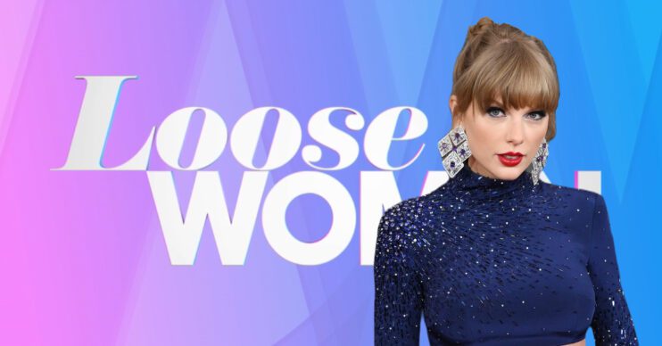 Taylor Swift poses in front of Loose Women logo