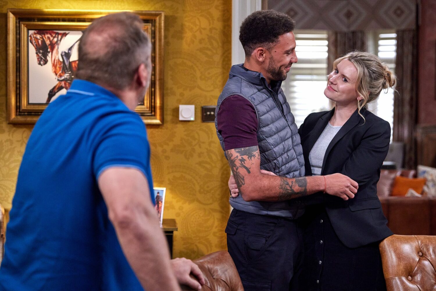 Dawn and Billy in Emmerdale hug and smile as they reveal she's pregnant