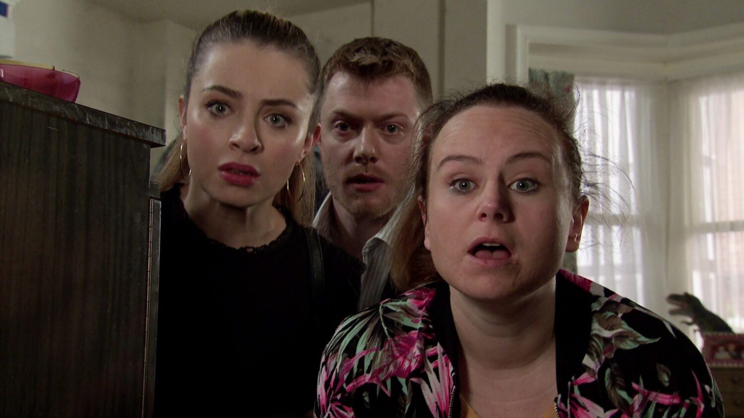 Daisy Midgeley, Daniel Osbourne and Gemma Winter-Brown look horrified as they try to find out what Bertie has taken