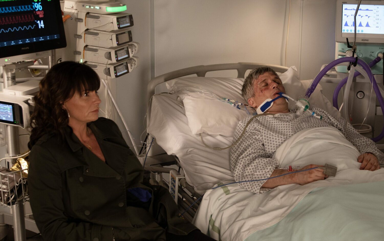 Chas Dingle looks tense as she sits by Caleb's bedside