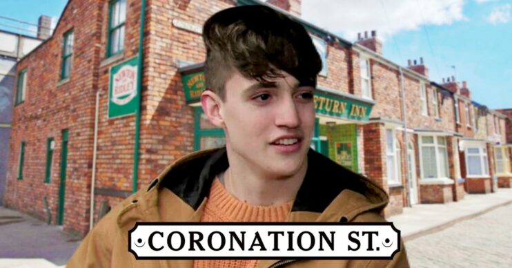 Aaron on Coronation Street against show logo and Rovers background (Credit: ITV/Composite: ED!)
