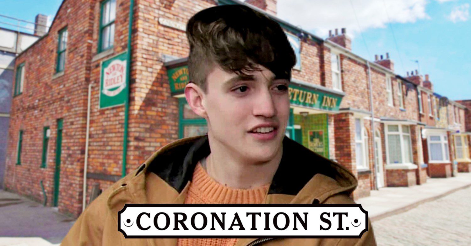 Aaron on Coronation Street against show logo and Rovers background (Credit: ITV/Composite: ED!)