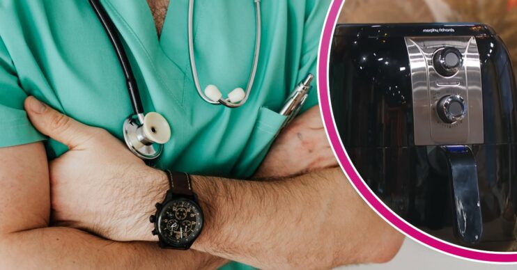 Doctor folding his arms and an air fryer