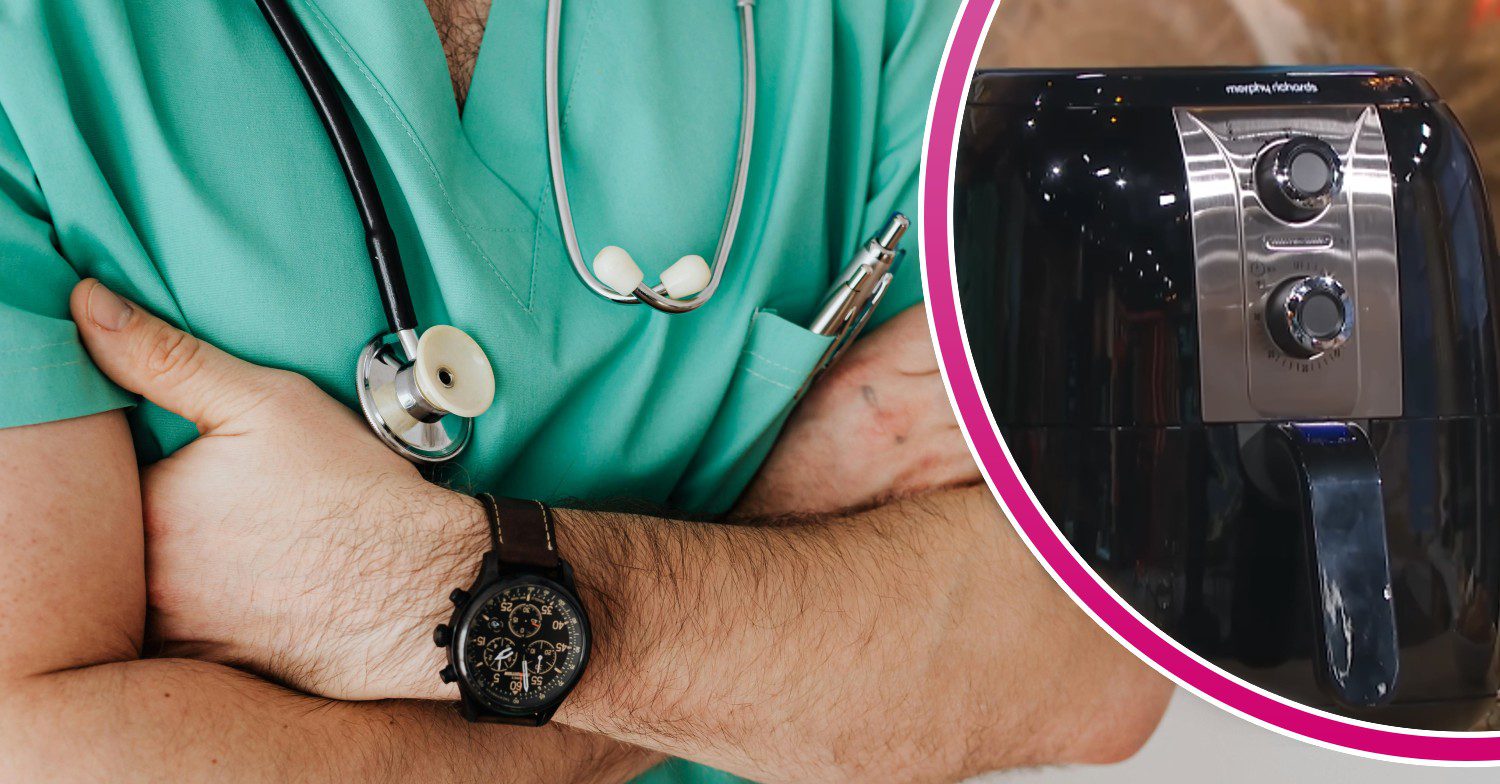 Doctor folding his arms and an air fryer