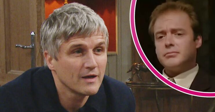 Caleb looking shady on Emmerdale; inset, Chris Tate looking smug (Credit: ITV/ED!)