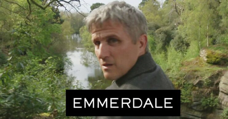 Caleb on Emmerdale just before being pushed (Credit: ITV/ Composite: ED!)
