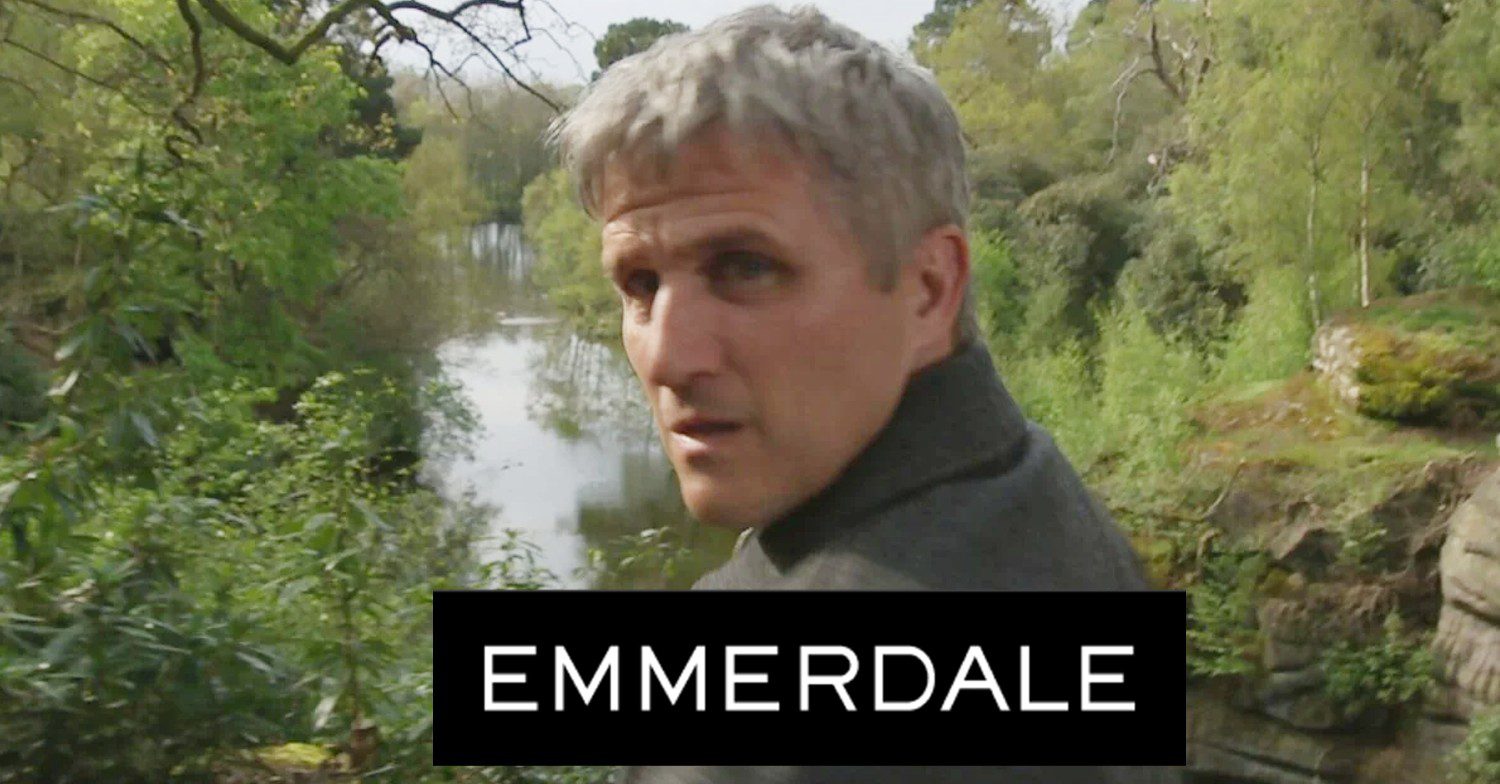 Caleb on Emmerdale just before being pushed (Credit: ITV/ Composite: ED!)