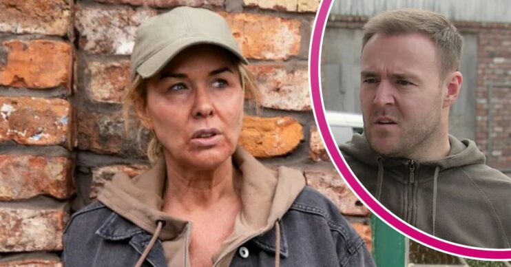 Cassie looking rough on Corrie; inset, Tyrone looking confused (Credit: ITV/Composite: ED!)