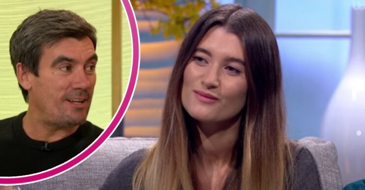 Charley Webb smiling in an interview; inset, Jeff Hordley, also smiling (Credit: ITV/YouTube/Composite: ED!)