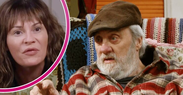 Zack in his chair on Emmerdale; inset, Chas looks angry (Credit: ITV/Composite: ED!)