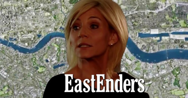 Cindy on EastEnders against show background and logo (Credit: BBC/YouTube/Composite: ED!)