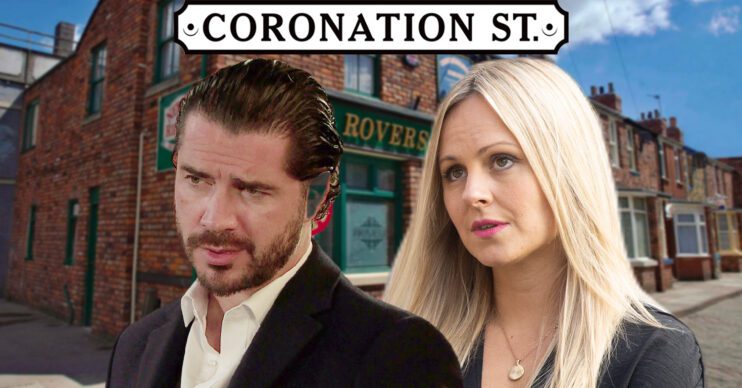 Coronation Street's Adam, Sarah, the Coronation Street logo and background of the Dales