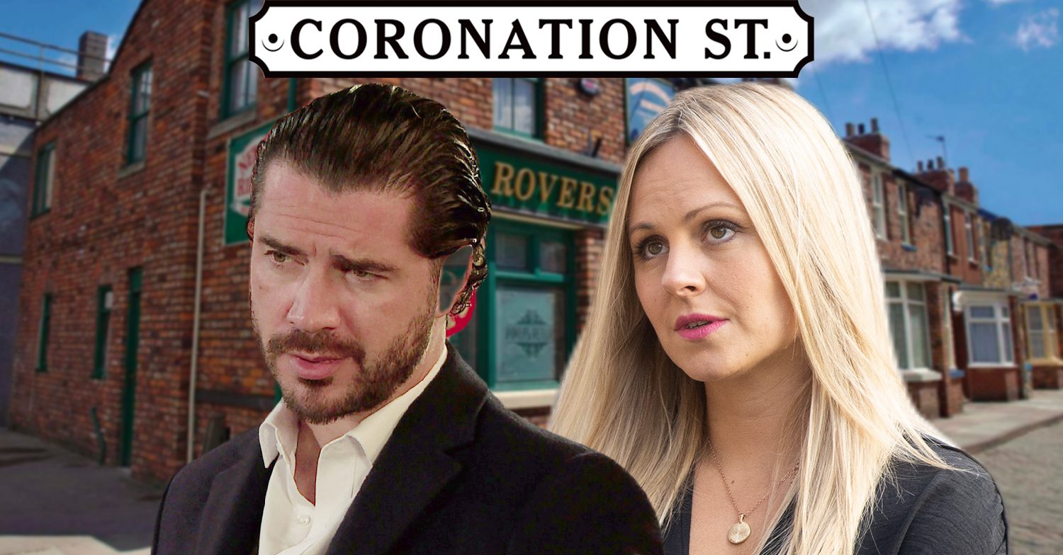 Coronation Street's Adam, Sarah, the Coronation Street logo and background of the Dales
