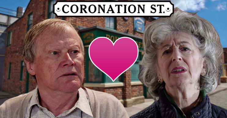 Coronation Street's Roy, Evelyn, a pink heart, the Coronation Street logo and background of the Rovers
