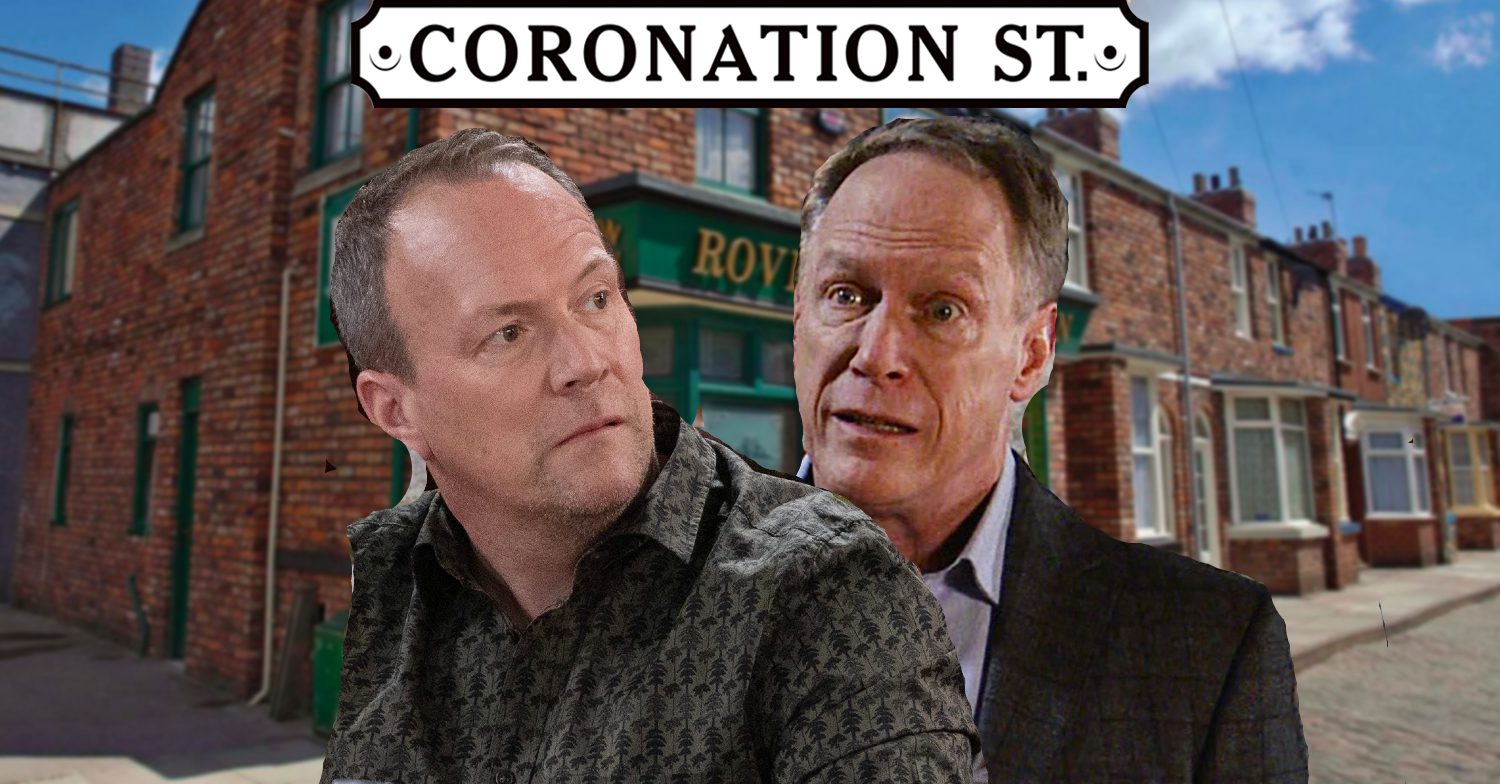 Coronation Street's Owen, Stephen, the Coronation Street logo and background of the Rovers