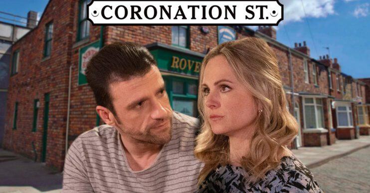 Coronation Street's Damon, Sarah, the Coronation Street logo and background of the Rovers