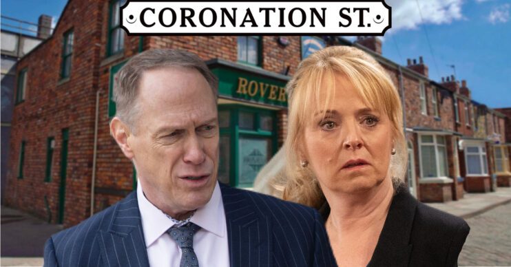 Coronation Street's Stephen, Jenny, the Coronation Street logo and background of the Rovers