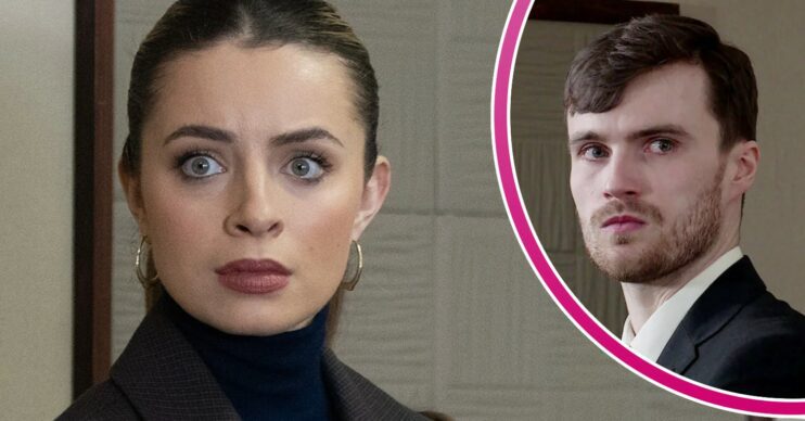 Daisy looks scared; inset, in a bubble, Justin appears sinister (Credit: ITV/Composite: ED!)