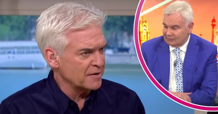 Eamonn Holmes looks downwards, Phillip Schofield furrows his brow