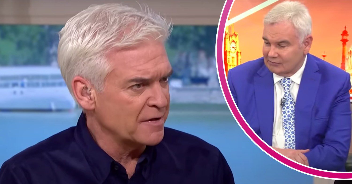 Eamonn Holmes looks downwards, Phillip Schofield furrows his brow