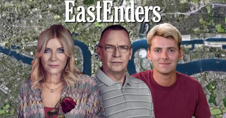 EastEnders' Cindy, Ian, Peter, the EastEnders logo and background of the Thames