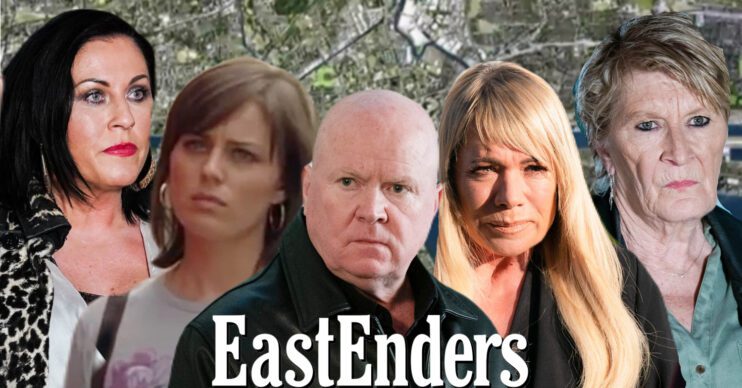 EastEnders' Kat Slater, Kate Morton, Phil Mitchell, Sharon Watts and Shirley Carter, the EastEnders logo and background of the Thames
