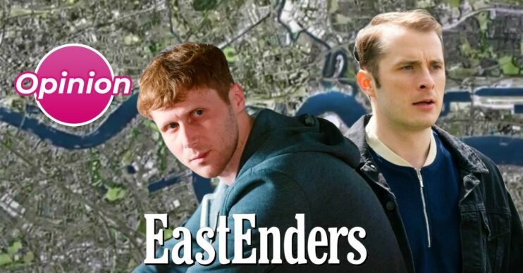 EastEnders comp image: opinion bubble with Jay and Ben cutout