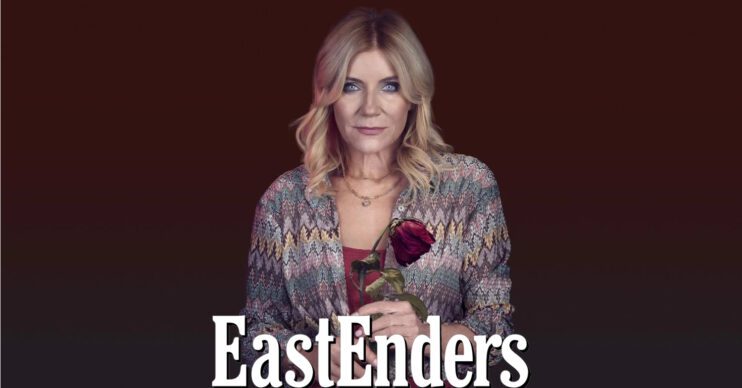 EastEnders' Cindy is holding a red rose and the EastEnders logo