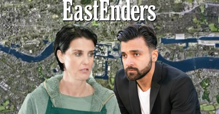 EastEnders' Eve, Vinny, the EastEnders logo and background of the Thames