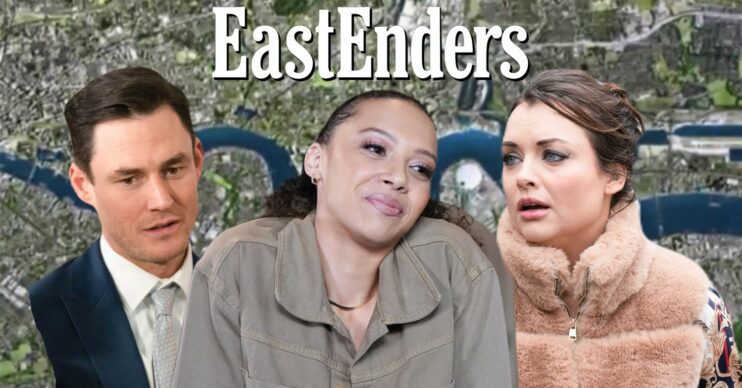 EastEnders' Zack, Whitney and Gina, the EastEnders logo and background of the Thames