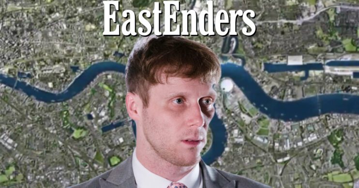 EastEnders' Jay, the EastEnders logo and background of the Thames