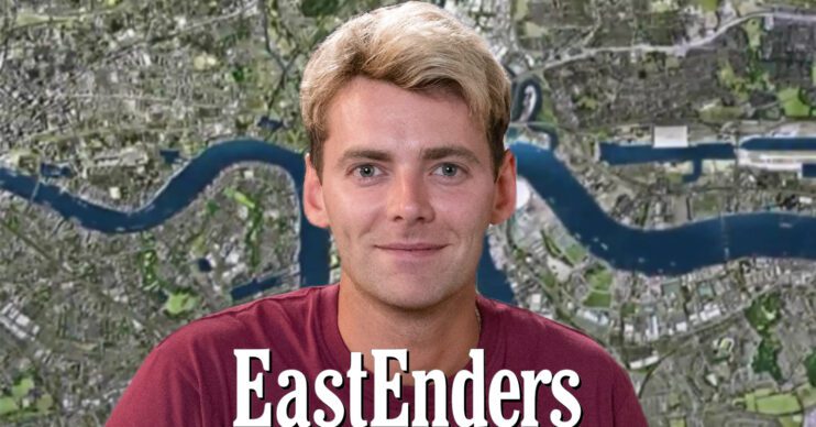 EastEnders' Peter Beale, the EastEnders logo and the EastEnders background of the Thames