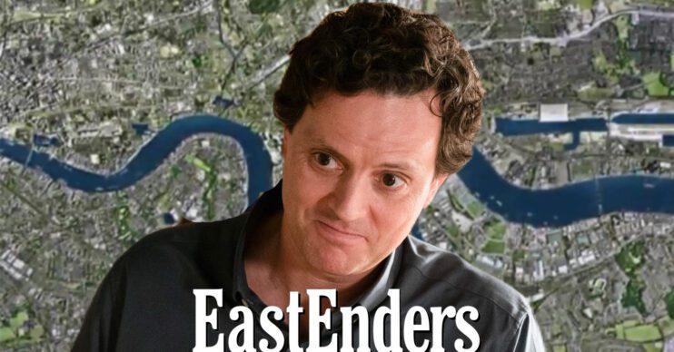 EastEnders' Theo, the EastEnders logo and background of the Thames