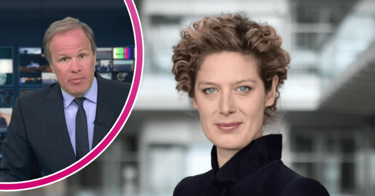 Emily Morgan smiling to camera and Tom Bradby presenting the news