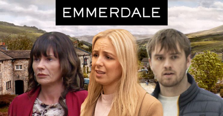 Emmerdale's Chas, Belle, Tom, the Emmerdale logo and background of the Dales