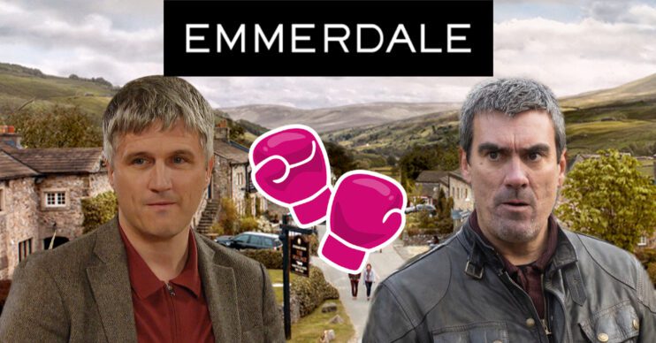 Emmerdale's Caleb, Cain, pink boxing gloves, the Emmerdale logo and background of the Dales