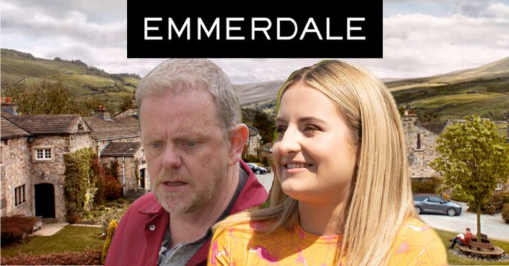 Emmerdale's Dan, Amelia, the Emmerdale logo and background of the Dales