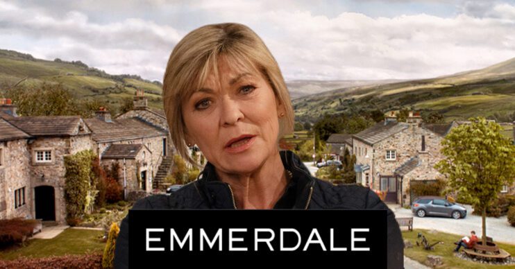 Emmerdale's Kim, the Emmerdale logo and background of the Dales