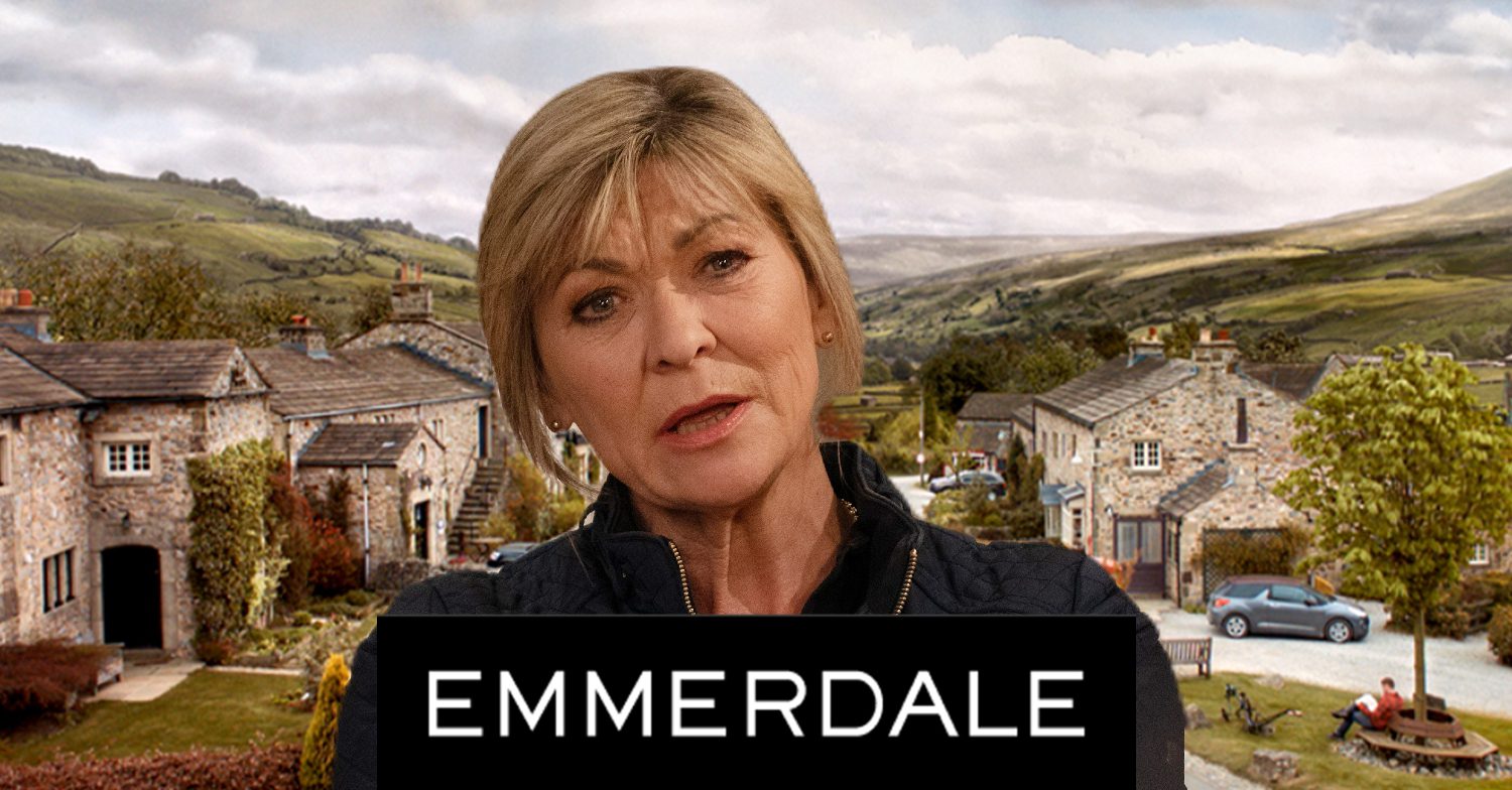 Emmerdale's Kim, the Emmerdale logo and background of the Dales