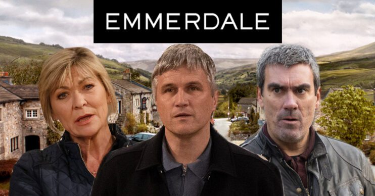 Emmerdale's Kim, Caleb, Cain, the Emmerdale logo and background of the Dales