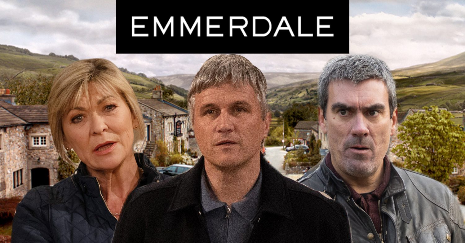 Emmerdale's Kim, Caleb, Cain, the Emmerdale logo and background of the Dales
