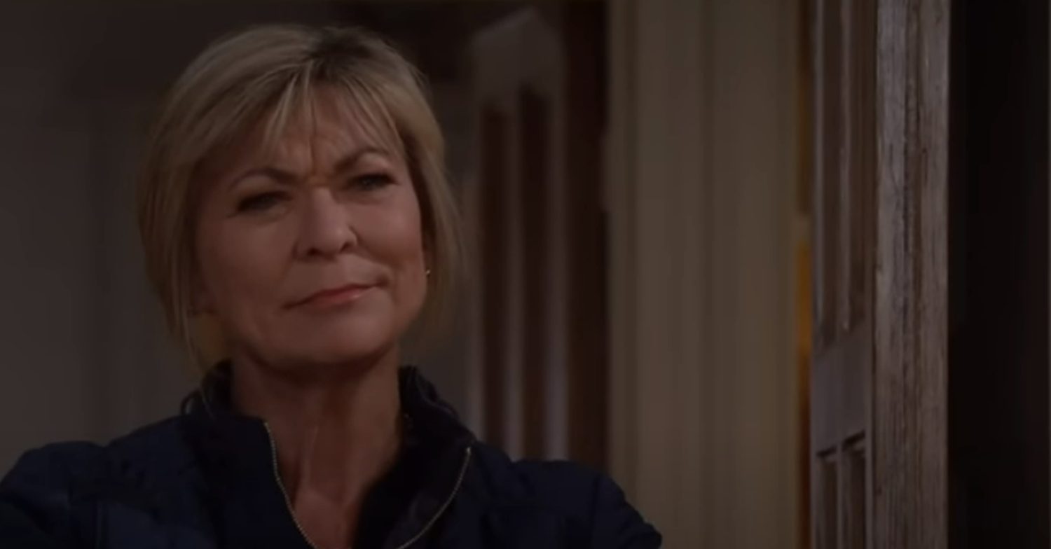 Emmerdale's Kim looks suspicious