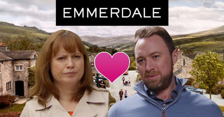 Emmerdale's Lydia, Liam, a pink heart, the Emmerdale logo and background of the Dales