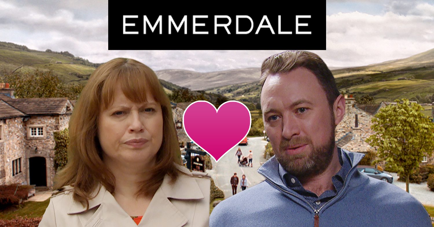 Emmerdale's Lydia, Liam, a pink heart, the Emmerdale logo and background of the Dales