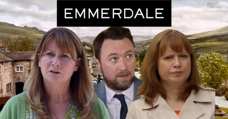 Emmerdale's Wendy, Liam, Lydia, the Emmerdale logo and background of the Dales