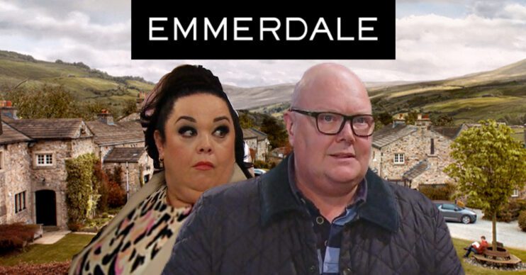 Emmerdale's Mandy, Paddy, the Emmerdale logo and background of the Dales
